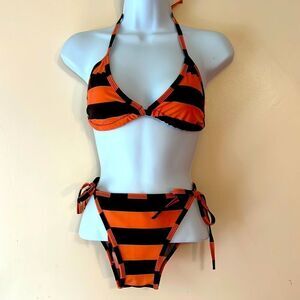 Orange and Black Striped String Bikini Sz OS